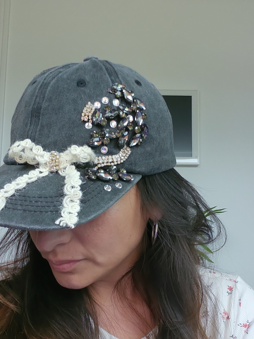 Embellished Charcoal Baseball Cap with Crystal Appliqué